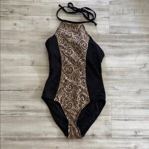 Black and Gold Halter Swimsuit